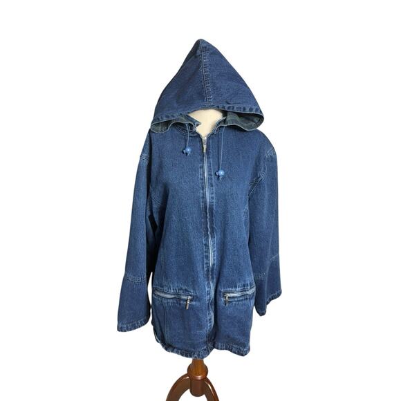 Vintage NorthStyle Denim Chore Jacket Hooded Plaid Flannel Lined Zip Up XL Women - Picture 1 of 9